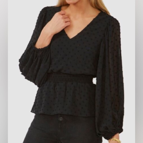 Vince Camuto Women's Black Clip-Dot Smocked Waist Blouse Top Size Large - Picture 1 of 9